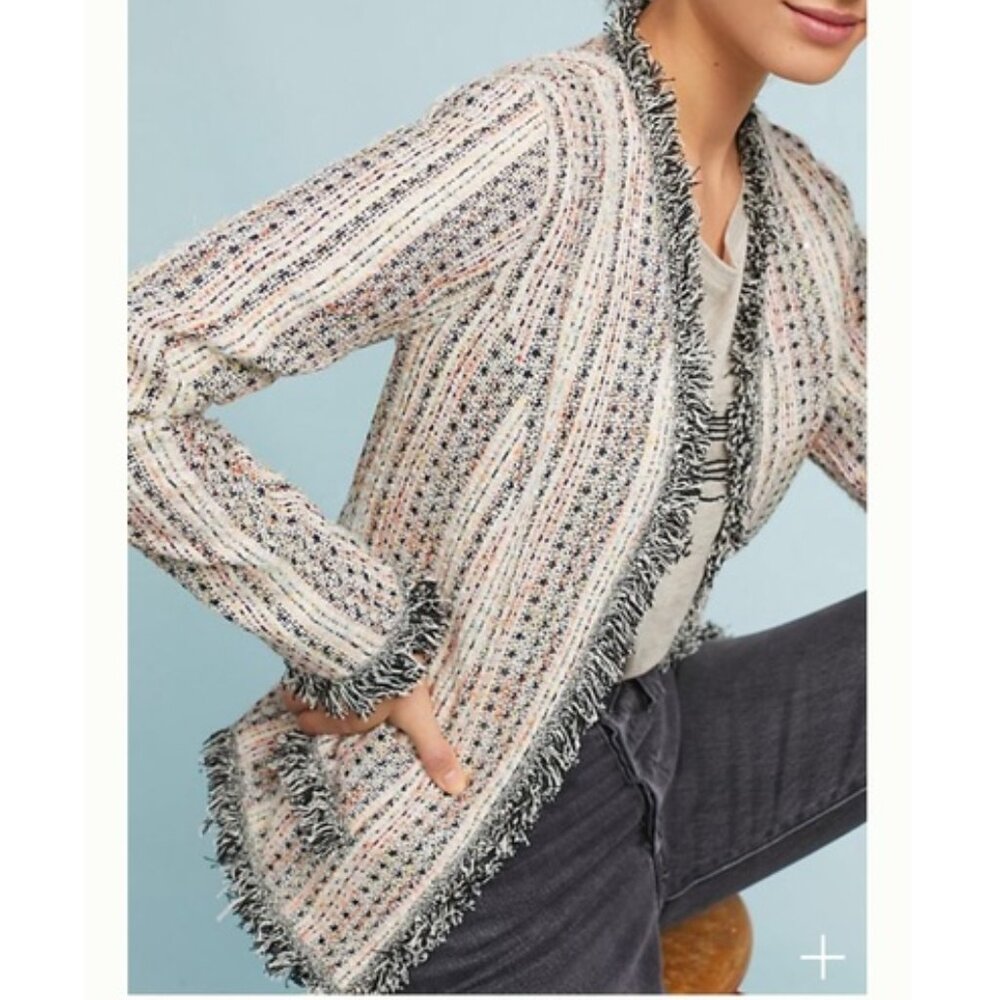 Anthropologie Eva Franco Reston Tweed Blazer Jacket Small Fringe Trim Open Front - Picture 13 of 13